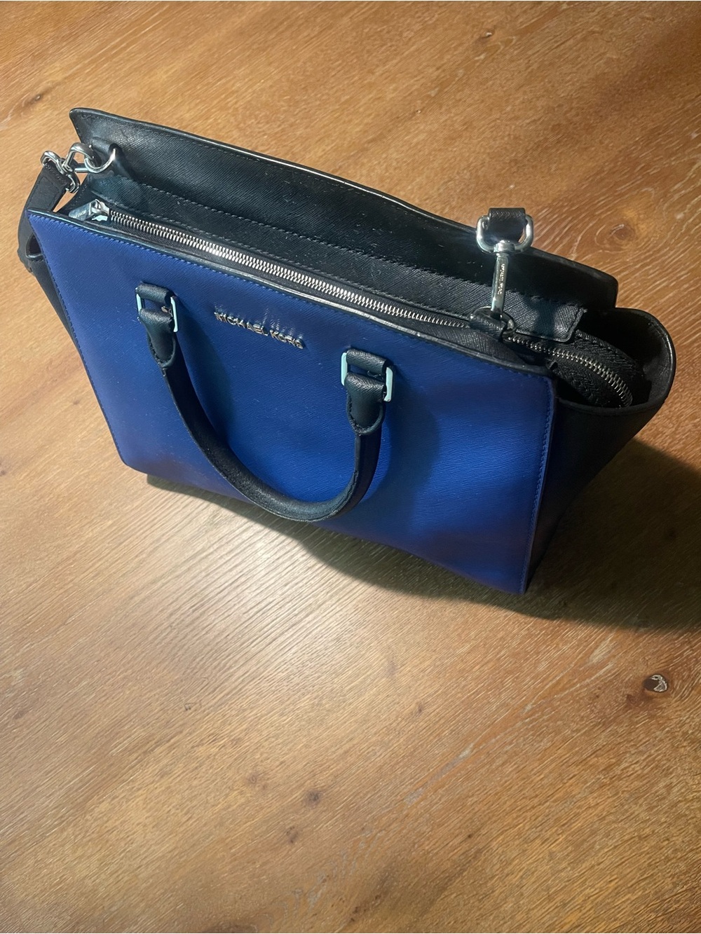 Michael Kors Blue and Black Leather Tote Satchel